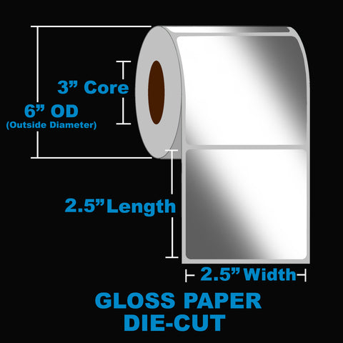 NMS Inkjet Labels, Paper, Gloss, Die Cut, White, 2.5x2.5, 3" Core, 6" OD