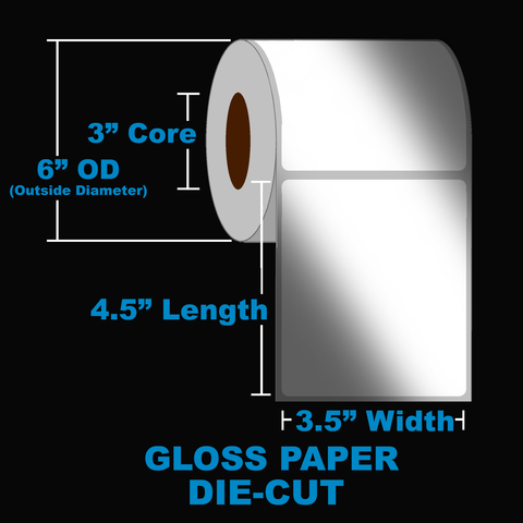 NMS Inkjet Labels, Paper, Gloss, Die Cut, White, 3.5x4.5, 3" Core, 6" OD