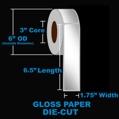 NMS Inkjet Labels, Paper, Gloss, Die Cut, White, 1.75x6.5, 3" Core, 6" OD