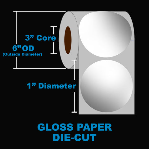NMS Inkjet Labels, Paper, Gloss, Die Cut, White, Circle, 1", 3" Core, 6" OD