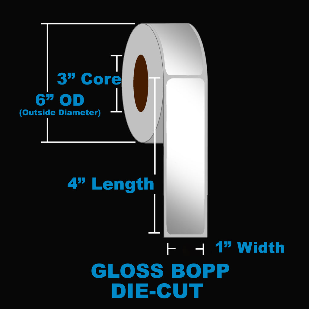 NMS Inkjet Labels, BOPP, Gloss, Die Cut, White, 1x4, 3" Core, 6" OD