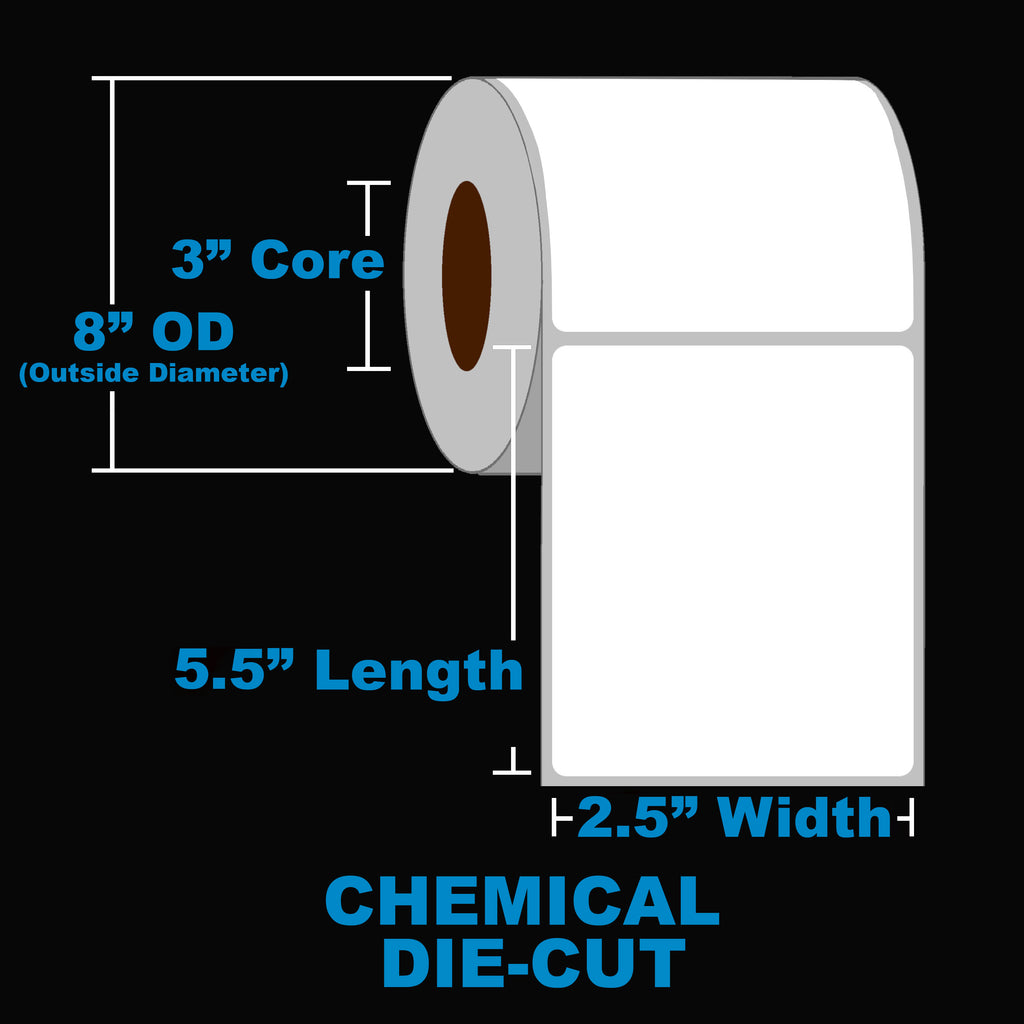 NMS Inkjet Labels, Chemical, Matte, Die Cut, White, 2.5x5.5, 3" Core, 8" OD