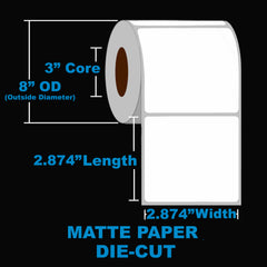 NMS Inkjet Labels, Paper, Matte, Die Cut, White, 2.9x2.9, 3" Core, 8" OD