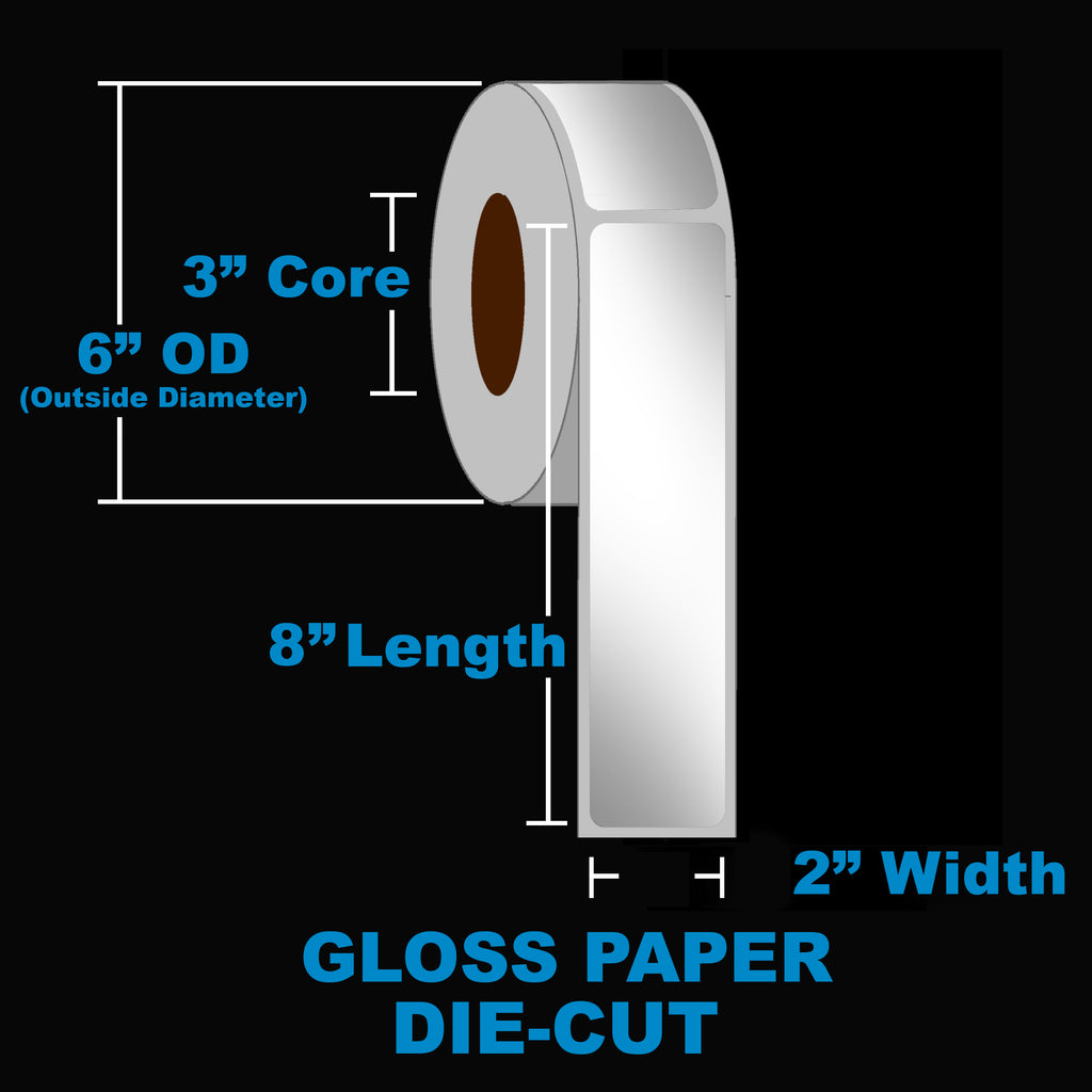 NMS Inkjet Labels, Paper, Gloss, Die Cut, White, 2x8, 3" Core, 6" OD