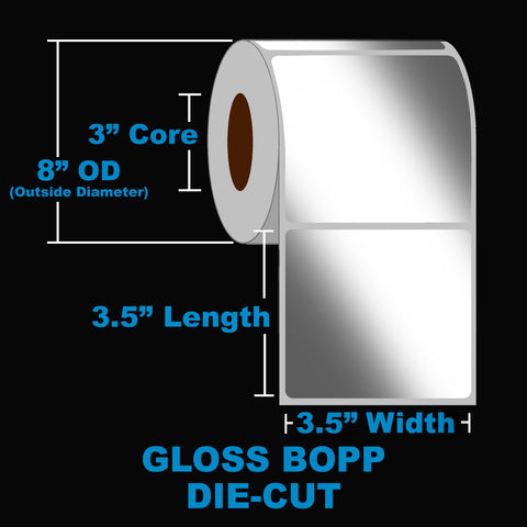 NMS Inkjet Labels, BOPP, Gloss, Die Cut, White, 3.5x3.5, 3" Core, 8" OD