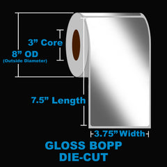 NMS Inkjet Labels, BOPP, Gloss, Die Cut, White, 3.75x7.5, 3" Core, 8" OD