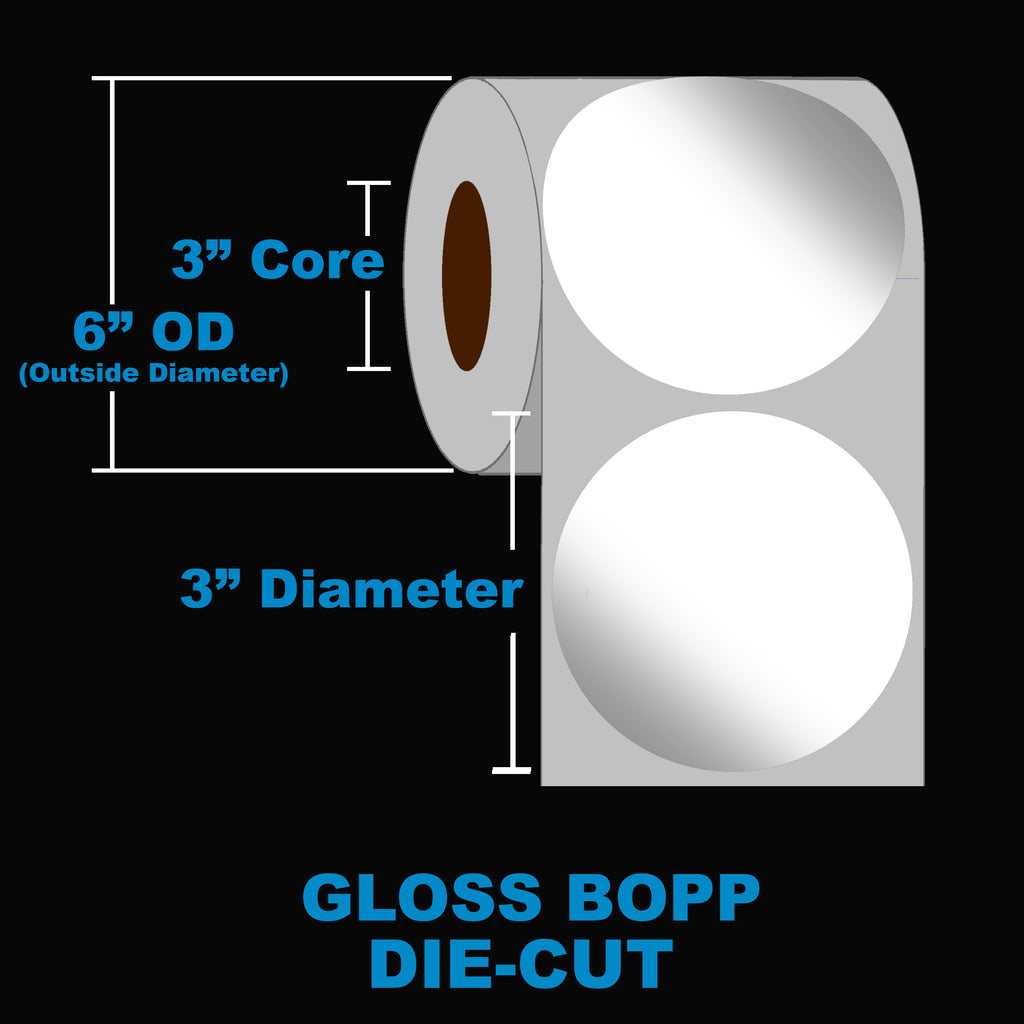 NMS Inkjet Labels, BOPP, Gloss, Die Cut, White, 3" Circle, 3" Core, 6" OD