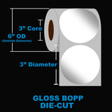 NMS Inkjet Labels, BOPP, Gloss, Die Cut, White, 3" Circle, 3" Core, 6" OD