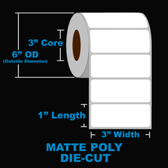 NMS Inkjet Labels, Polyolefin, Matte, Die Cut, White, 3x1, 3" Core, 6" OD