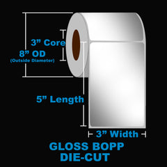 NMS Inkjet Labels, BOPP, Gloss, Die Cut, White, 3x5, 3" Core, 8" OD