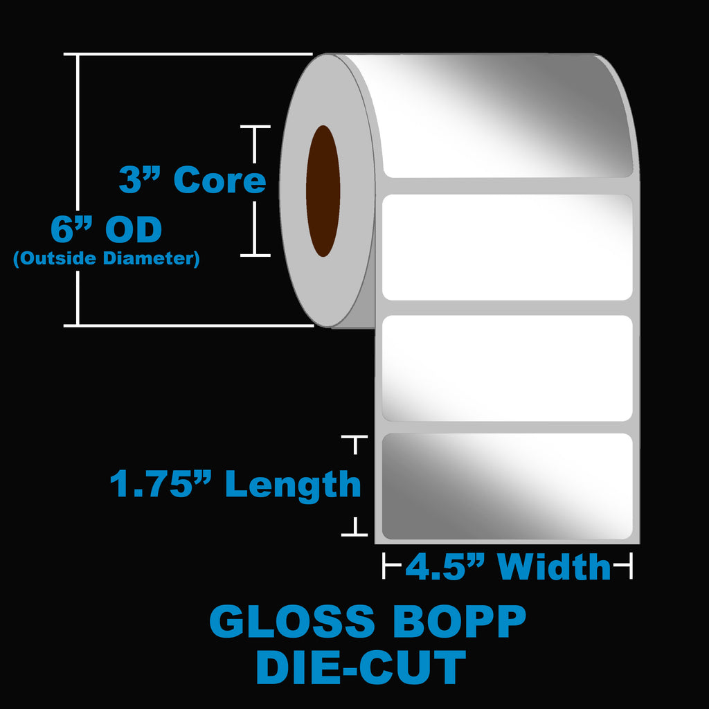 NMS Inkjet Labels, BOPP, Gloss, Die Cut, 4.5x1.75, 3" Core, 6" OD