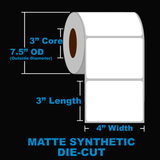 NMS Inkjet Labels, Polyolefin, Matte, Die Cut, White, 4x3, 3" Core, 7.5" OD