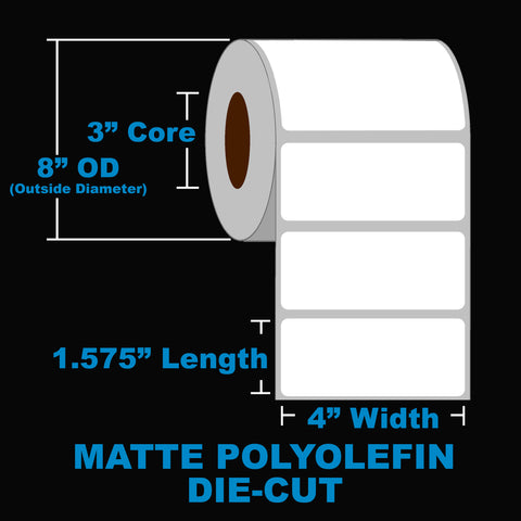 NMS Inkjet Labels, Polyolefin, Matte, Die Cut, White, 4x1.575, 3" Core, 8" OD