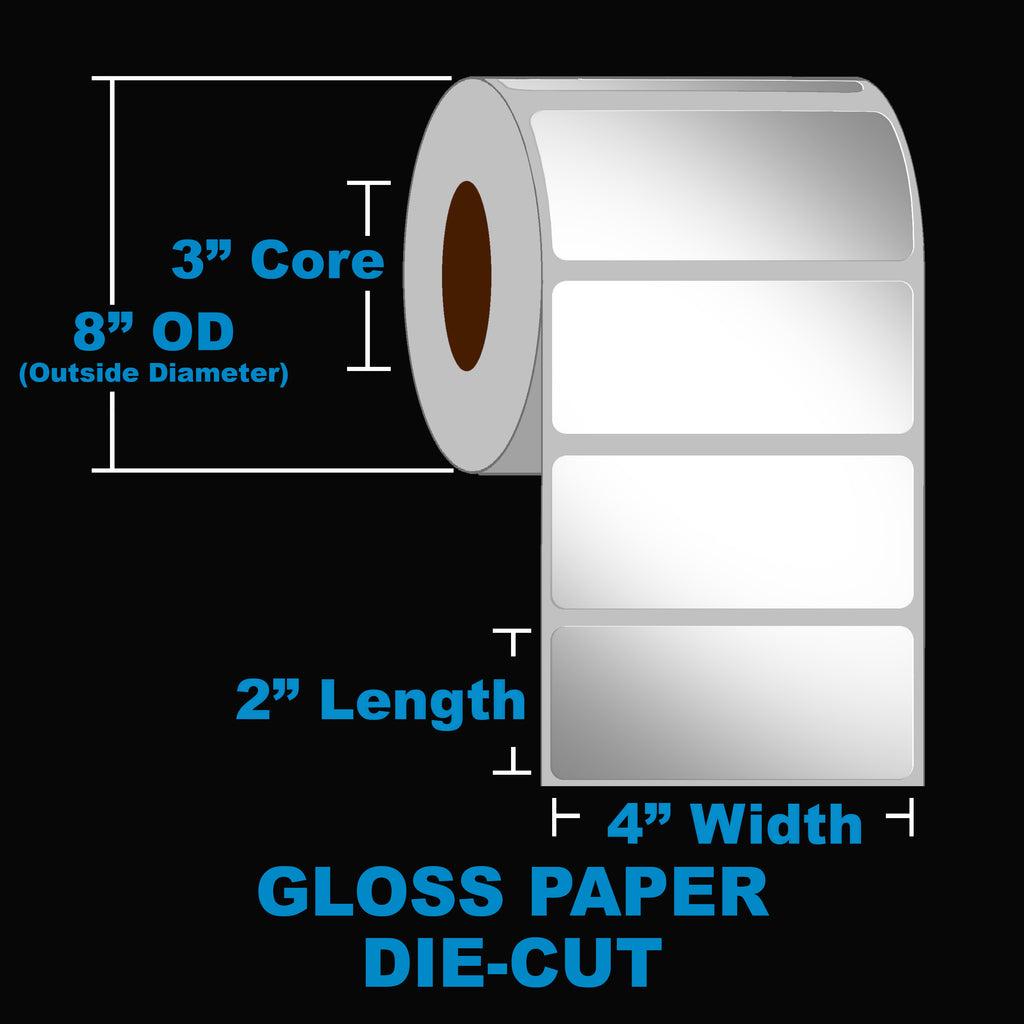 NMS Inkjet Labels, Paper, Gloss, Die Cut, White, 4x2, 3" Core, 8" OD
