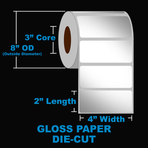 NMS Inkjet Labels, Paper, Gloss, Die Cut, White, 4x2, 3" Core, 8" OD