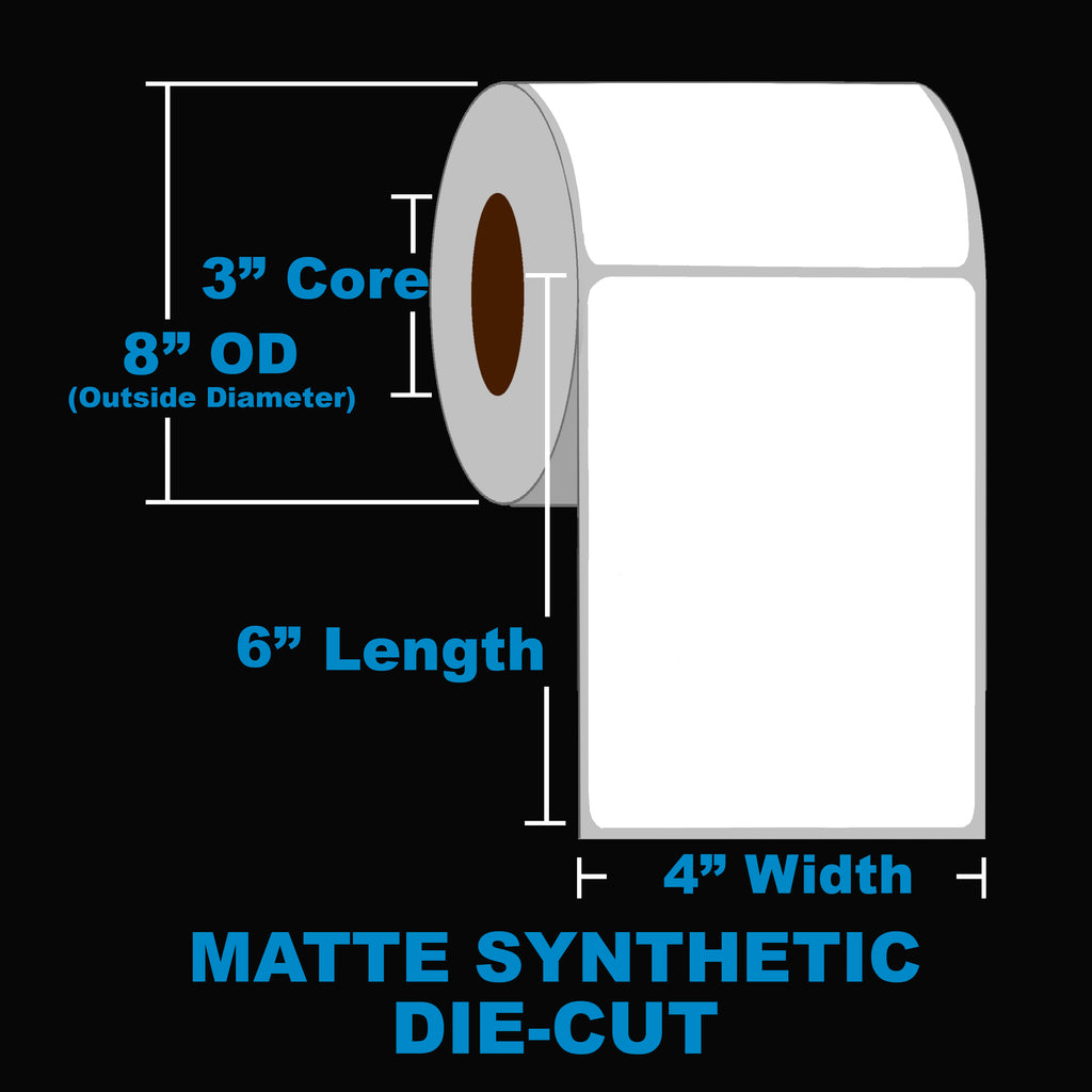 NMS Inkjet Labels, Polyolefin, Matte, Die Cut, White, 4x6, 3" Core, 8" OD