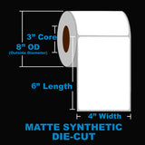 NMS Inkjet Labels, Polyolefin, Matte, Die Cut, White, 4x6, 3" Core, 8" OD