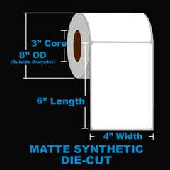 NMS Inkjet Labels, Polyolefin, Matte, Die Cut, White, 4x6, 3" Core, 8" OD