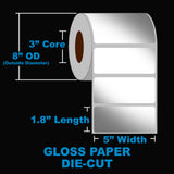NMS Inkjet Labels, Paper, Gloss, Die Cut, White, 5x1.8", 3" Core, 8" OD