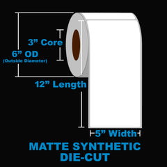 NMS Inkjet Labels, Polyolefin, Matte, Die-Cut, White, 5x12, 3" Core, 6" OD Canada diagram 