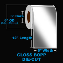NMS Inkjet Labels, BOPP, Gloss, Die Cut, 5x12, 3" Core, OD 6"