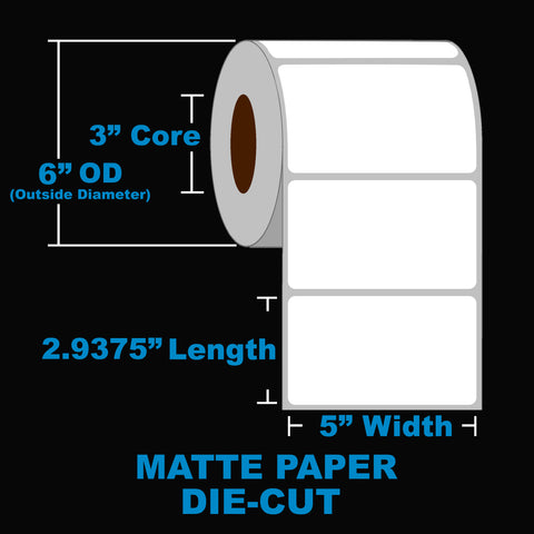 NMS Inkjet Labels, Paper, Matte, Die Cut, 5x2.9375, 3" Core, 6" OD