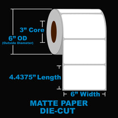 NMS Inkjet Labels, Paper, Matte, Die Cut, White, 6x4.4375, 3" Core, OD 6"