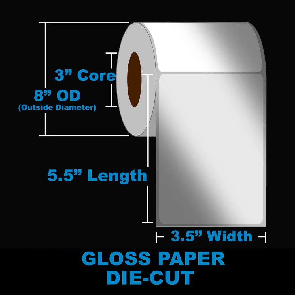 NMS Inkjet Labels, Paper, Gloss, Die Cut, White, 3.5x5.5, 3" Core, 8" OD