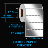 NMS Inkjet Labels, Paper, Gloss, Die Cut, White, 3x1, 2" Core, 5" OD