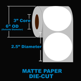 NMS Inkjet Labels, Paper, Matte, Die Cut, White, Circle, 2.5", 3" Core, 6" OD