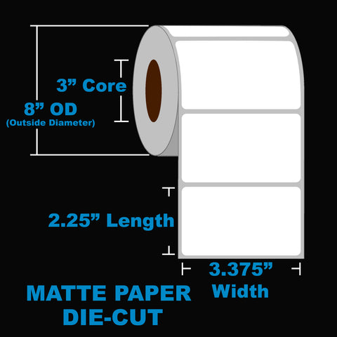NMS Inkjet Labels, Paper, Matte, Die Cut, White, 3.375x2.25, 3" Core, 8" OD