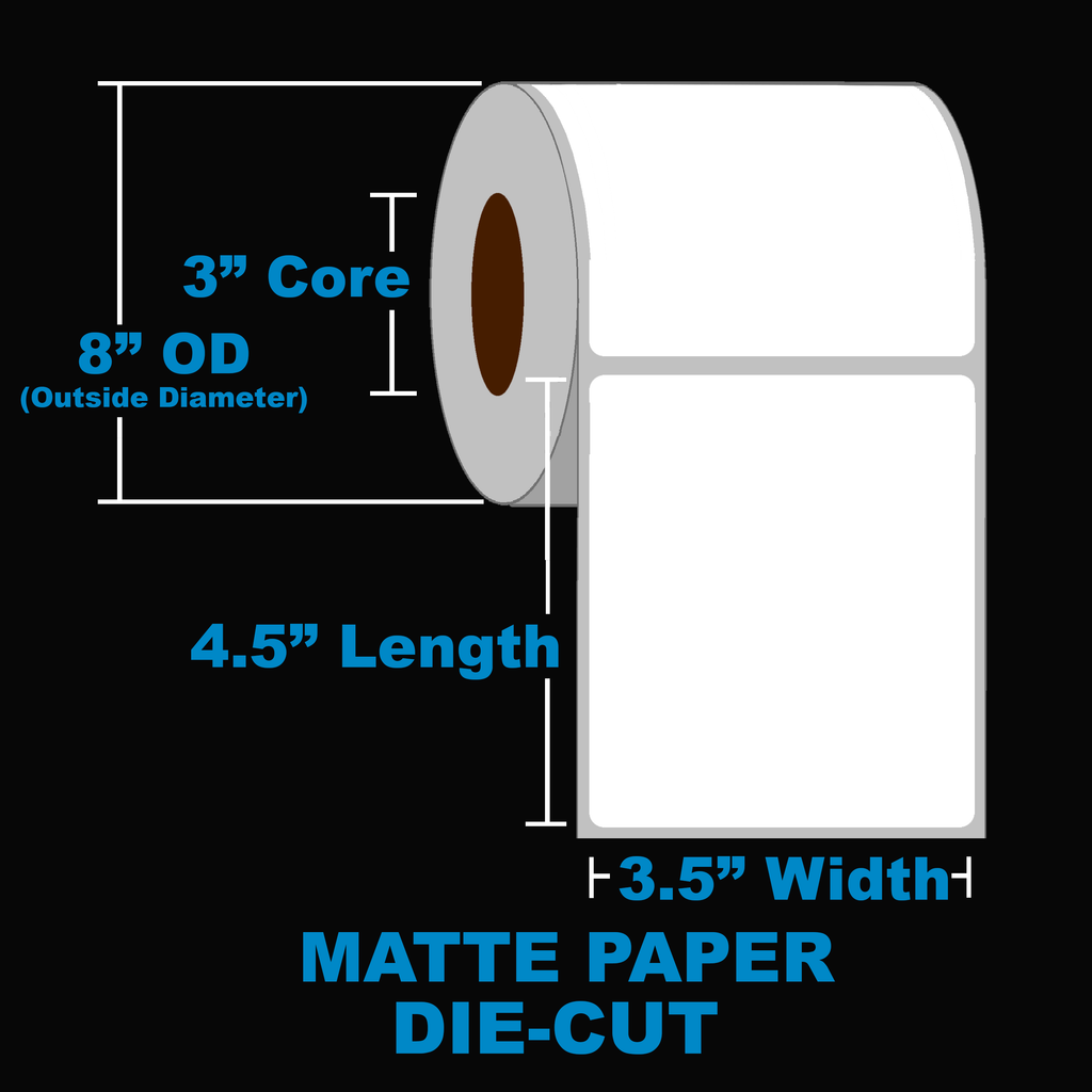 NMS Inkjet Labels, Paper, Matte, Die Cut, White, 3.5x4.5, 3" Core, 8" OD