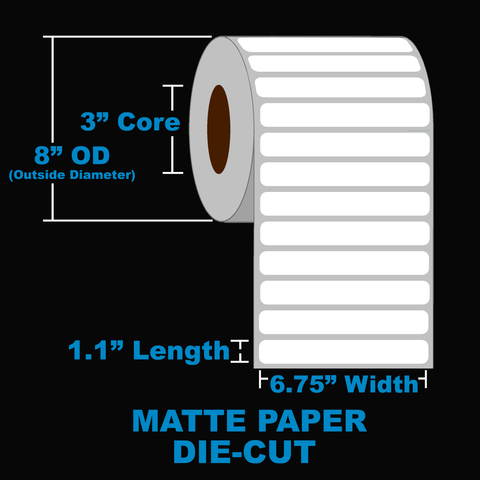 NMS Inkjet Labels, Paper, Matte, Die Cut, White, 6.75x1.1, 3" Core, 8" OD